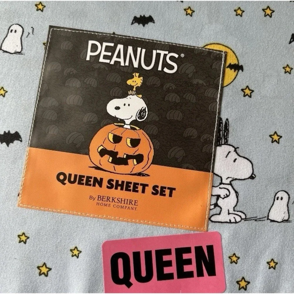 Berkshire Peanuts Snoopy QUEEN Sheet Set Halloween Ghost Witch Moons Bats NEW